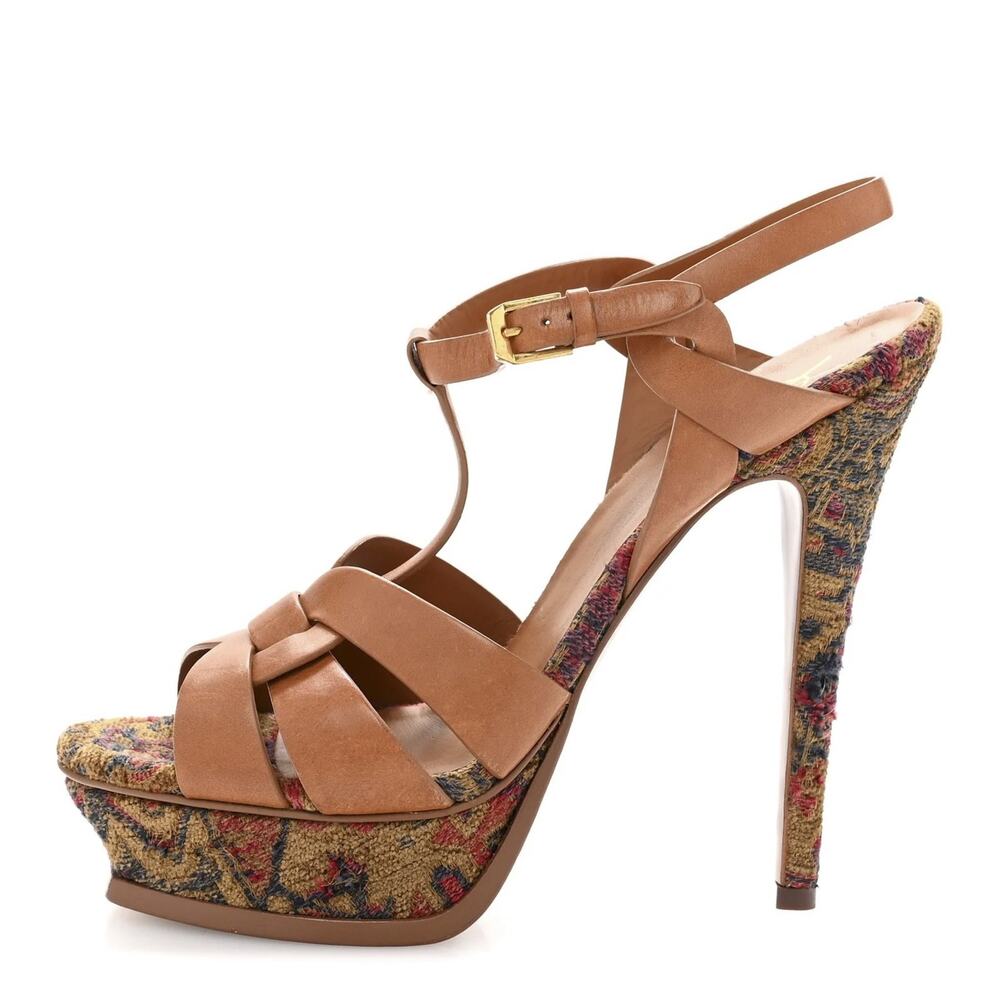 Saint Laurent Tribute 105 Calfskin Tapestry Marrakech Platform Sandals 39 Ambra